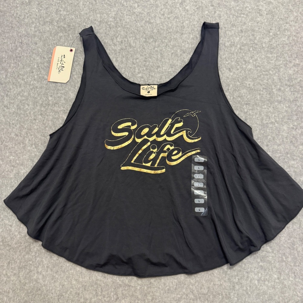 NWT Salt Life Womens Black Gold Graphic Cropped Swing Tank Top Size Large